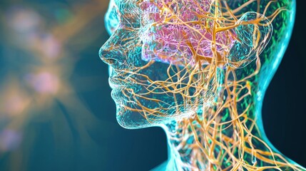 A transparent human head with a brain and neural pathways, set against a gradient background with a blue and green color scheme.