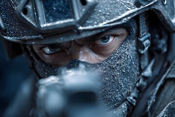 defender in tactical gear aiming crisp focus bathed in light like a hawk.