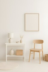 Calm minimalist home interior featuring a blank vertical wooden frame mockup on a white wall with a chair and neutral decor.