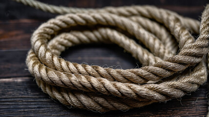 Obraz premium Overhead macro of coiled jute rope on dark wood, sharp fiber details