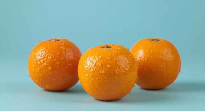 Three Fresh Oranges with Water Droplets on a Light Blue Background, Studio Shot.