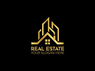 Luxury gold real estate logo with a building	