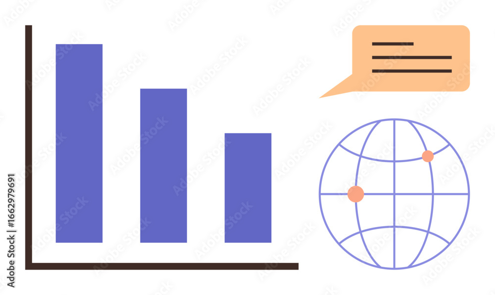 Poster declining bar graph paired with a globe marked with locations and a speech bubble. ideal for analysi
