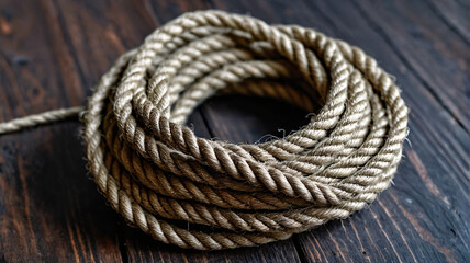 Obraz premium Overhead macro of coiled jute rope on dark wood, sharp fiber details