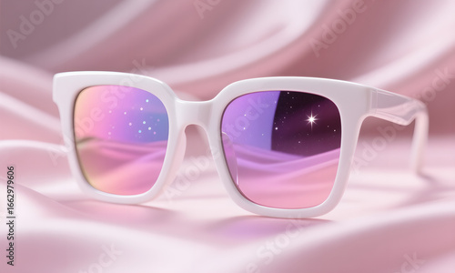 Dreamy Pink: Sunglasses Reflecting Space on Silky Fabric Background, Stylish Aesthetic