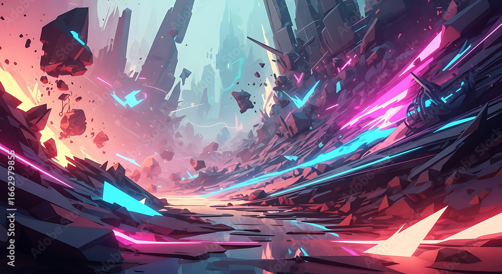 Poster a futuristic landscape with floating rocks and neon lights creating a vibrant and dynamic scene view
