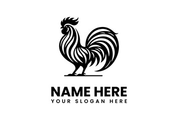 Striking Black Rooster Logo with Detailed Feather and Tail Design.