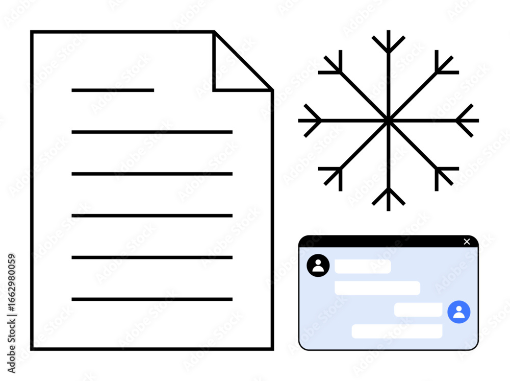 Poster document with text lines, abstract snowflake design, and chat window with messages. ideal for commun