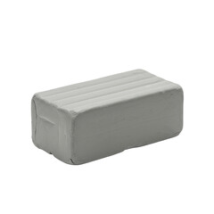 Pristine rectangular block of malleable grey oil-based modeling clay with smooth, waxy texture, isolated on transparent studio background, high-end commercial product photography concept