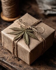 Gift-wrapped box with hemp leaf, rustic style