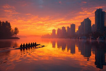 Rowing team glides like dawn’s dancers on a calm river at sunrise full boat visible.