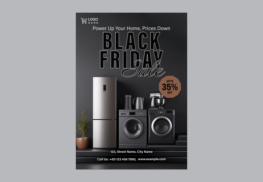 Black Friday Sale Flyer with Home Appliances and Up to 35% Discount Tag for Electronics Promotion, Editable Design.