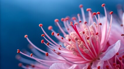Naklejka premium An extreme close-up macro photograph of a blossoming pink flower, highlighting the delicate filaments and anthers against a striking deep blue background