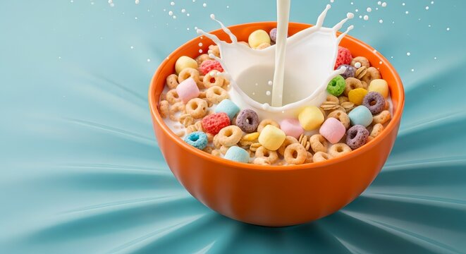 cereal with milk splash in an orange bowl