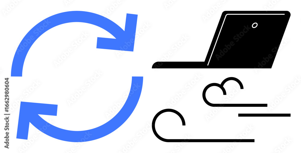 Poster rotating arrows symbolize refresh near a laptop emitting wind lines. ideal for data synchronization,