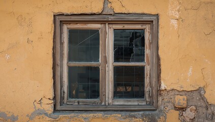 Fototapeta premium Old window with broken glass on a weathered yellow wall of an abandoned house.