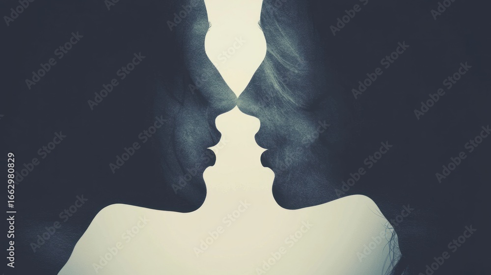 Poster two silhouetted faces with a light source in the middle, creating a heart shape between them.