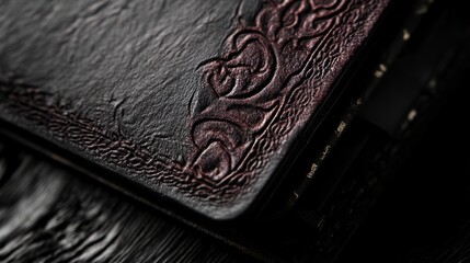 Close-up view of a dark leather-bound book's embossed design.