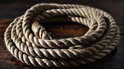 Obraz premium Overhead macro of coiled jute rope on dark wood, sharp fiber details