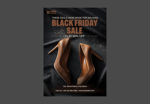 Black Friday Sale Flyer with Stiletto Shoes on Dark Surface for Fashion and Footwear Promotion, Editable Design.