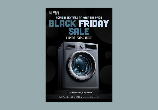 Black Friday Sale Flyer with Washing Machine for Home Essential at Half Price, Editable Design.