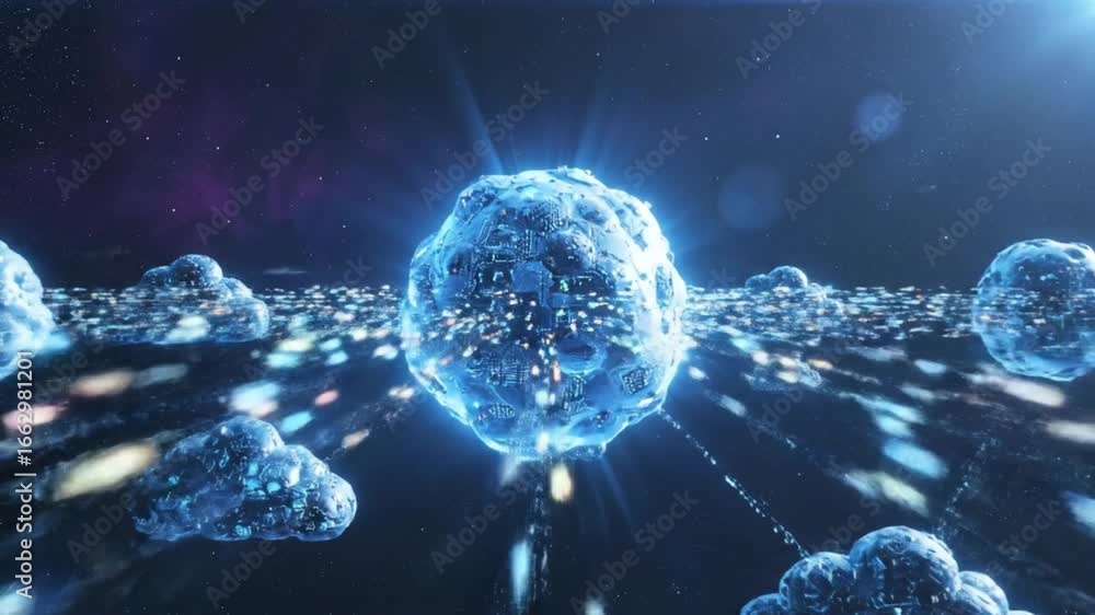 Poster dynamic glowing data clusters form an intricate network across a vast dark digital landscape, repres