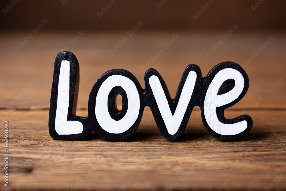 Poster love symbol carved in black wood with white letters exuding warmth and connection on rustic wooden b