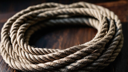 Obraz premium Overhead macro of coiled jute rope on dark wood, sharp fiber details