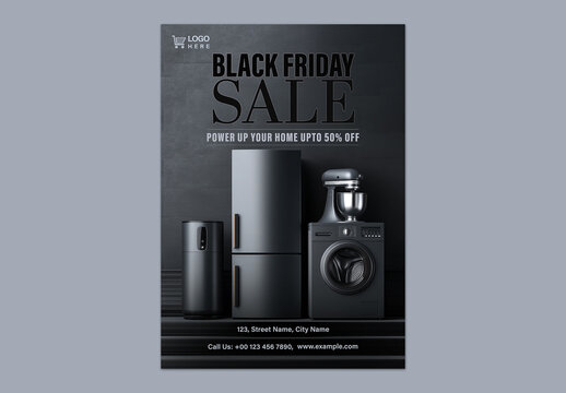 Black Friday Sale Flyer with Home Appliances for Electronics Promotion, Editable Design.