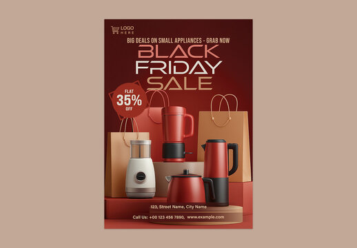 Black Friday Sale Flyer with Kitchen Appliances and Shopping Bags for Retail and Home Essentials Promotion, Editable Design.