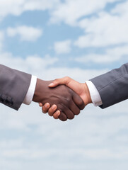 Two individuals shaking hands against a cloudy sky, symbolizing agreement, partnership, and collaboration.