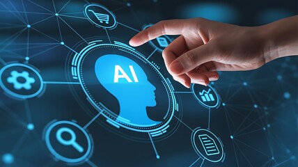 Human finger interacting with artificial intelligence network interface