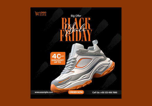 Black Friday Sale Social Media Post with Elegant Shoes on Dark Surface for Footwear Promotion, Editable Design.