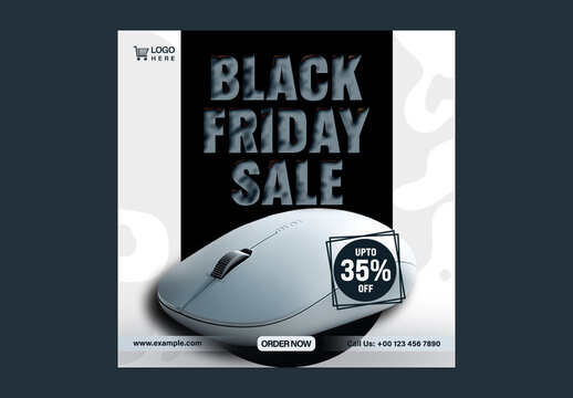 Black Friday Sale Social Media Post with Wireless Mouse for Computer Accessories or Tech Gadget Promotion, Editable Design.