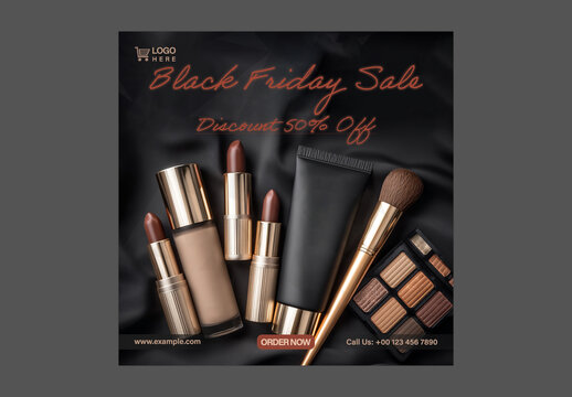 Black Friday Sale Social Media Post with Female Cosmetic Products for Beauty and Makeup Promotion, Editable Design.