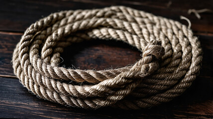 Obraz premium Overhead macro of coiled jute rope on dark wood, sharp fiber details