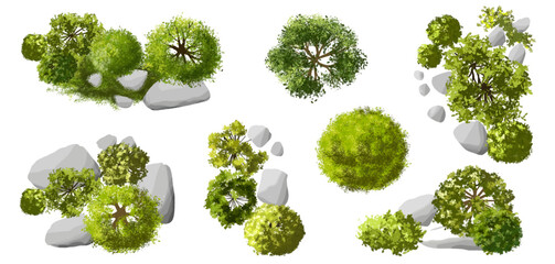 Vertor set of green tree,plants top view for landscape plan,schematic layout,eco environment concept design,watercolor greenery illustration ,green grass with rock,stone