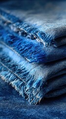 Close-up of stacked denim with frayed edges