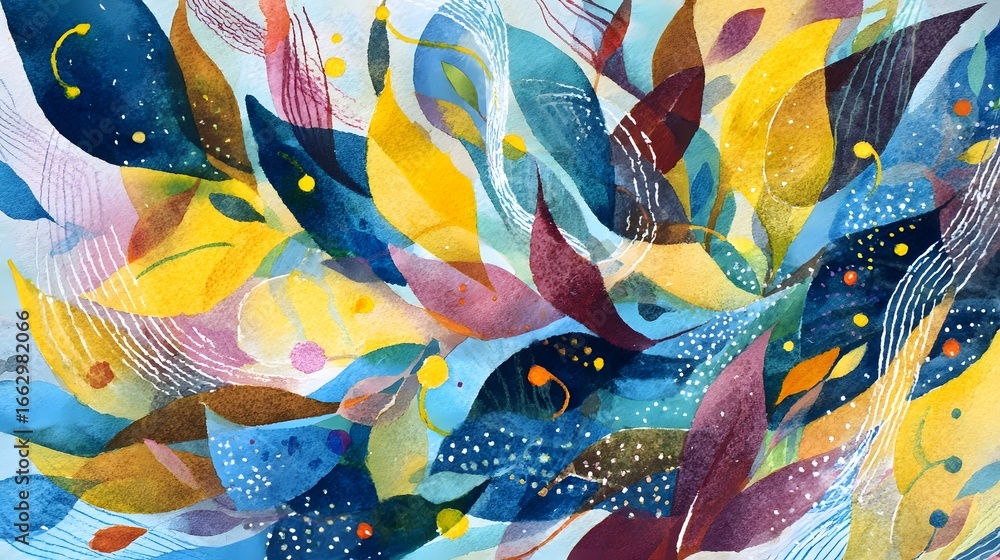 Poster visually captivating abstract art composition featuring a flowing imaginative interplay of vibrant c