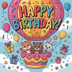 Fototapeta premium Animals in hot air balloon with birthday gifts and balloons celebration