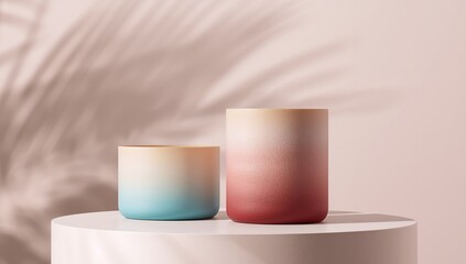 Two Gradient Vessels on a Podium with Shadow, Minimalist Style Product Display