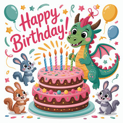 Obraz premium Cartoon dragon and bunnies celebrating a birthday with a cake celebration party