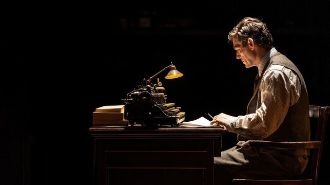 A man sitting at a desk with a typewriter, writing in a notebook.
