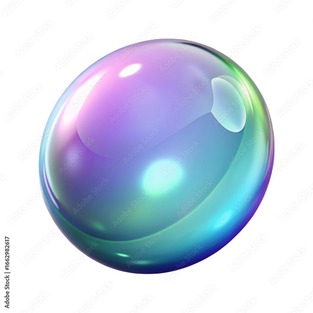 Poster vector art of a single iridescent bubble with a glossy surface, reflecting light and colors, isolate