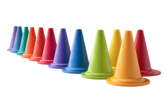 Vibrant multicolored traffic cones lined up artfully displayed for sports and safety training isolated on transparent background
