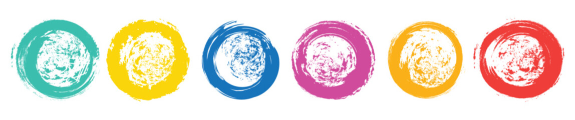 Set of circles with brush stroke edges. Grunge round shape. Colorful grungy vector circular set. Vector brush strokes design elements.	 