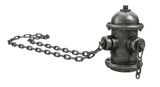 Metallic fire hydrant with chain sits against a dark background. Great for presentations, posters, or backdrops.