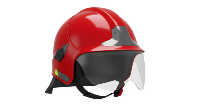 Red, glossy firefighter helmet isolated on black offers safety. Product photography, branding, and safety equipment.
