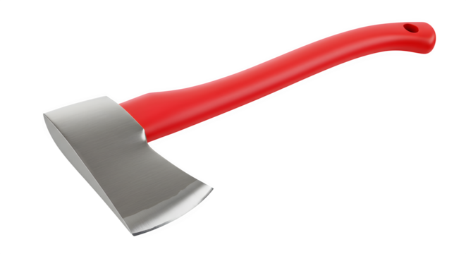 Red handled axe. Metal reflects, isolated on black. Use for tool marketing, construction ad, or home improvement poster.