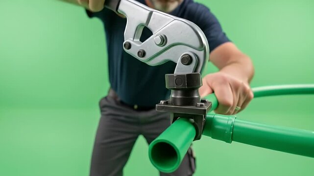 Skilled Plumber Using a Manual Press Tool to Crimp and Join Green Plastic Pipes Against a Green Screen
